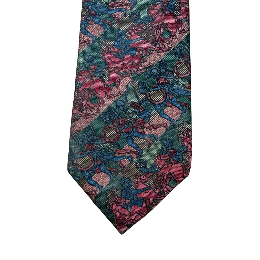 Ungaro Paris Silk Tie Mens Red Teal Greco-Roman Warrior Jacquard Print 57 Inch
